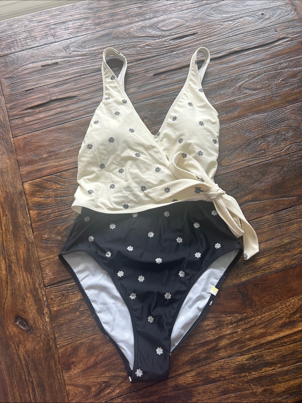 summersalt Two-Tone Black and Cream One-Piece Swimsuit with Floral Accent